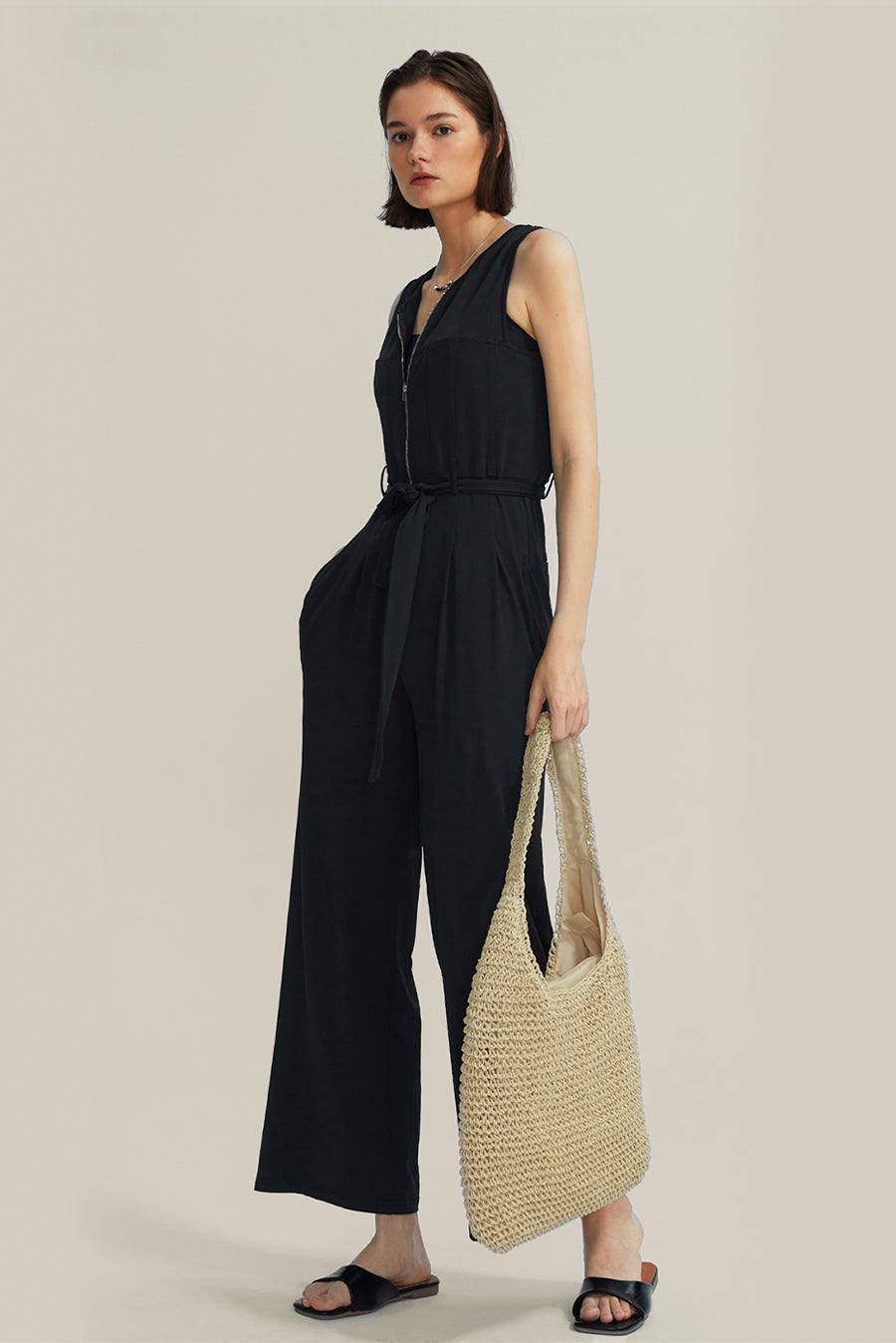 Sleeveless V-Neck Zipper Up Jumpsuits - Cherfly