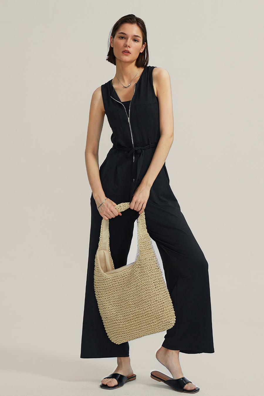 Sleeveless V-Neck Zipper Up Jumpsuits - Cherfly