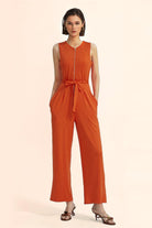 Sleeveless V-Neck Zipper Up Jumpsuits - Cherfly