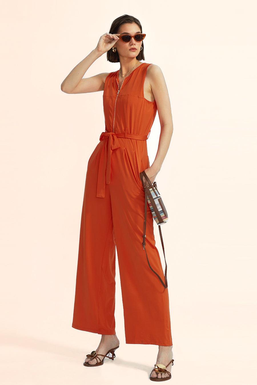 Sleeveless V-Neck Zipper Up Jumpsuits - Cherfly