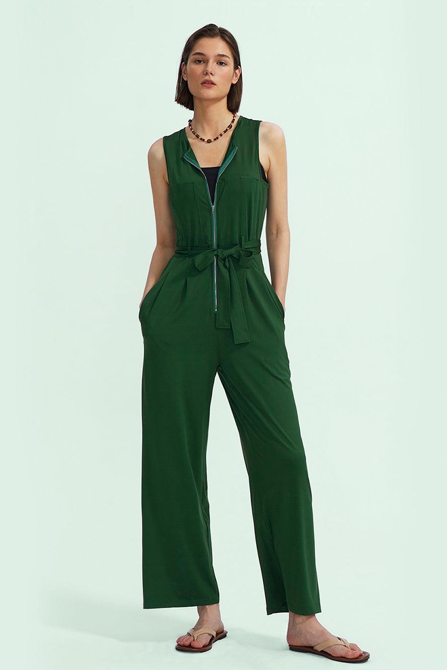 Sleeveless V-Neck Zipper Up Jumpsuits - Cherfly