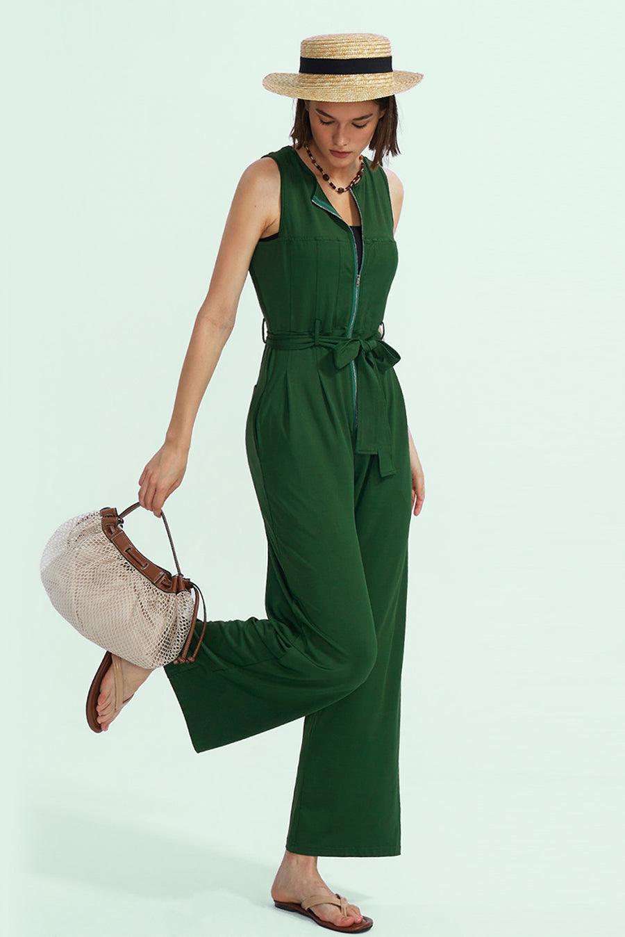 Sleeveless V-Neck Zipper Up Jumpsuits - Cherfly