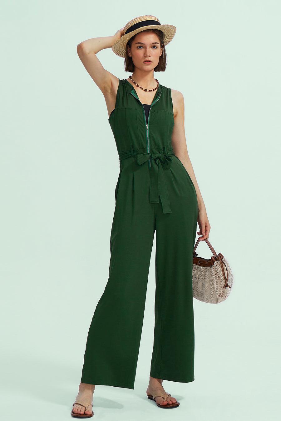 Sleeveless V-Neck Zipper Up Jumpsuits - Cherfly