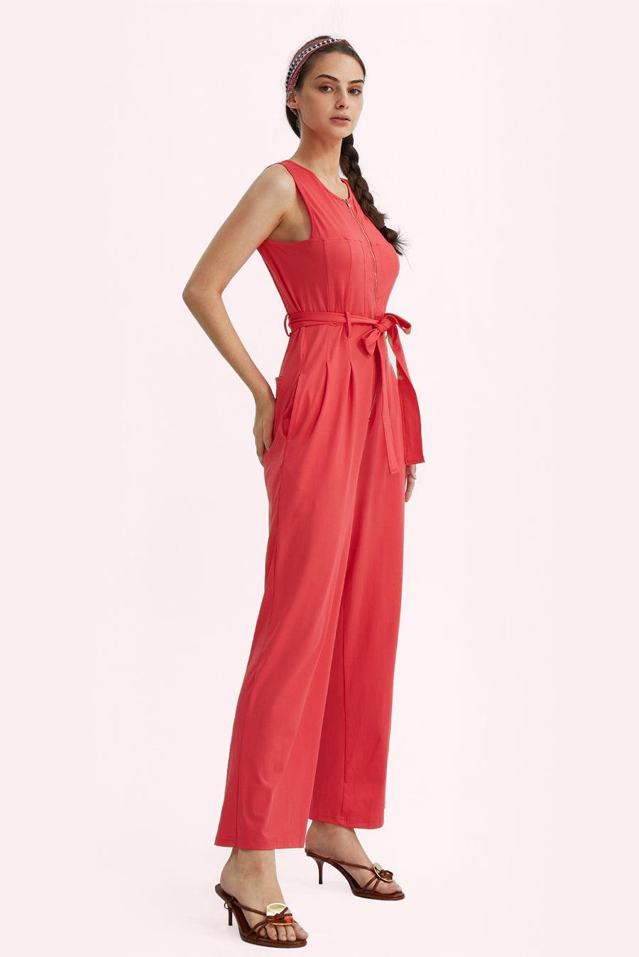 Sleeveless V-Neck Zipper Up Jumpsuits - Cherfly