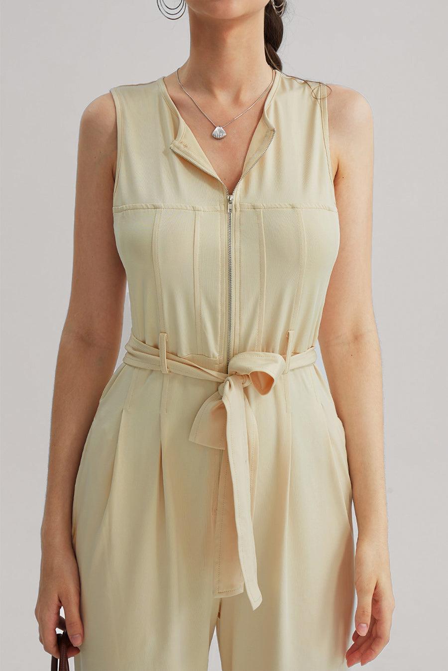 Sleeveless V-Neck Zipper Up Jumpsuits - Cherfly