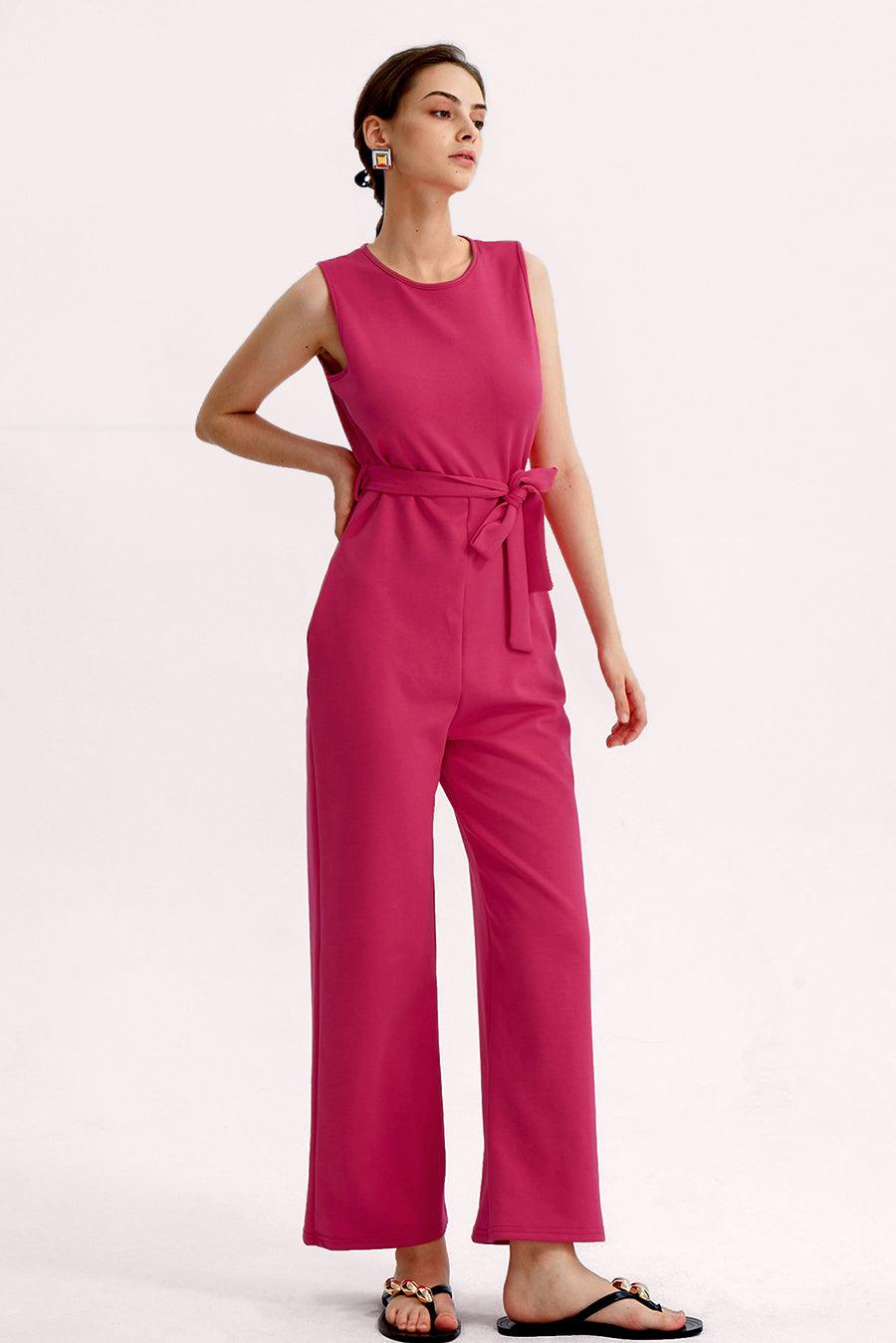 Crew Neck Sleeveless Belted Jumpsuits - Cherfly