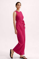 Crew Neck Sleeveless Belted Jumpsuits - Cherfly