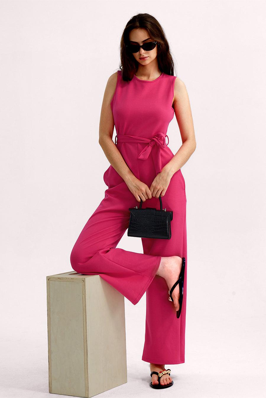 Crew Neck Sleeveless Belted Jumpsuits - Cherfly