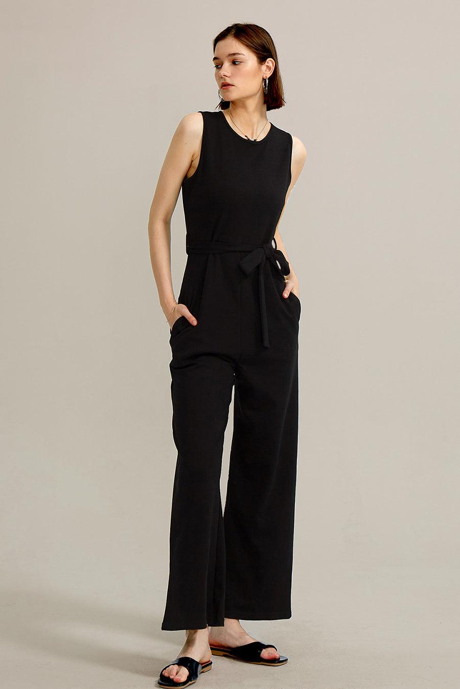 Crew Neck Sleeveless Belted Jumpsuits - Cherfly