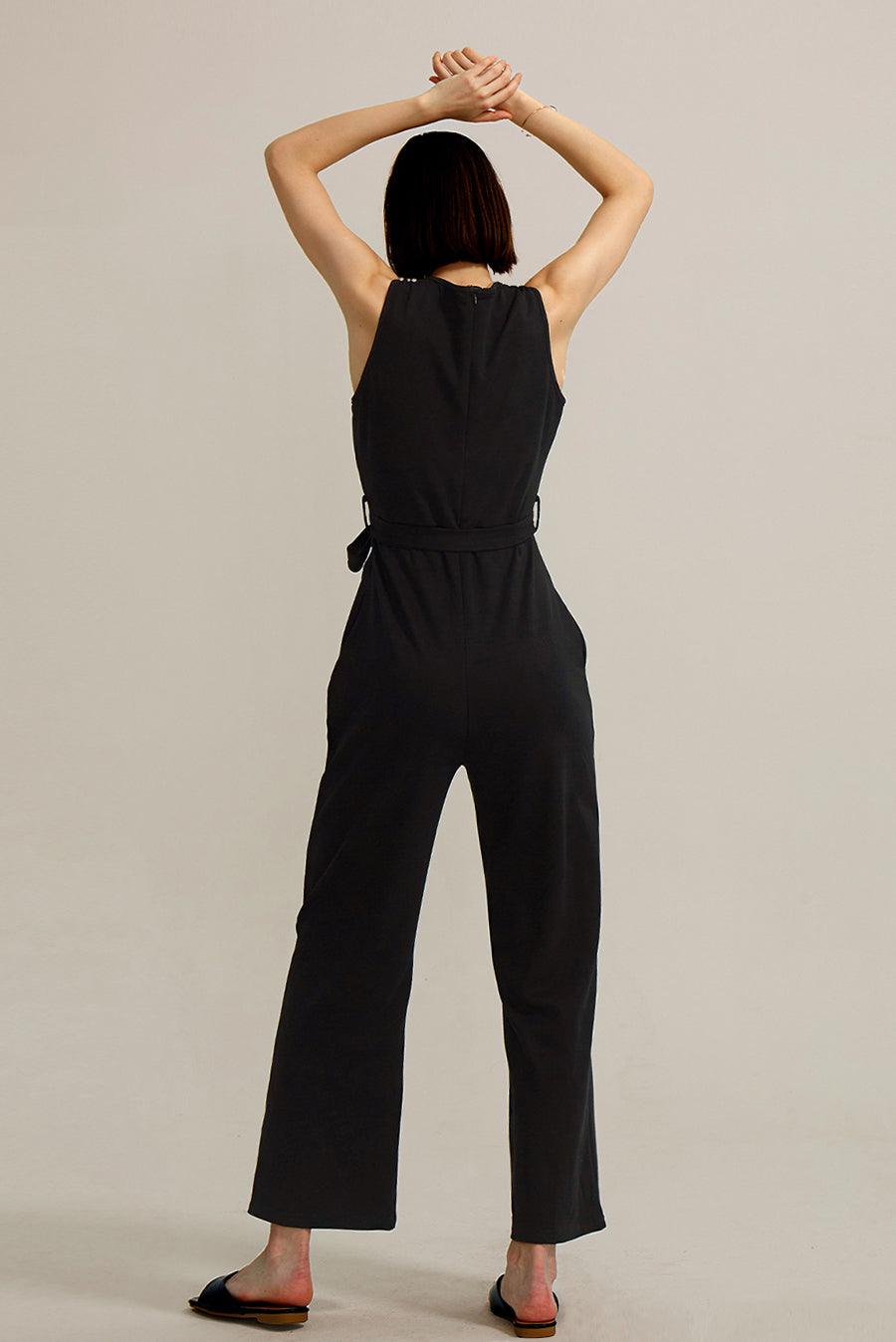 Crew Neck Sleeveless Belted Jumpsuits - Cherfly