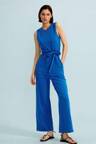 Crew Neck Sleeveless Belted Jumpsuits - Cherfly