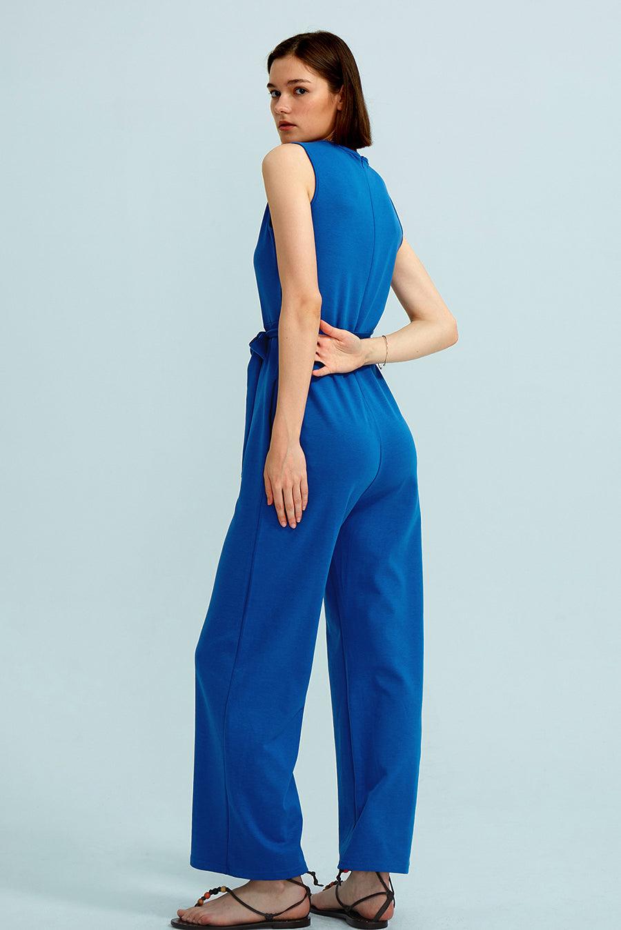 Crew Neck Sleeveless Belted Jumpsuits - Cherfly