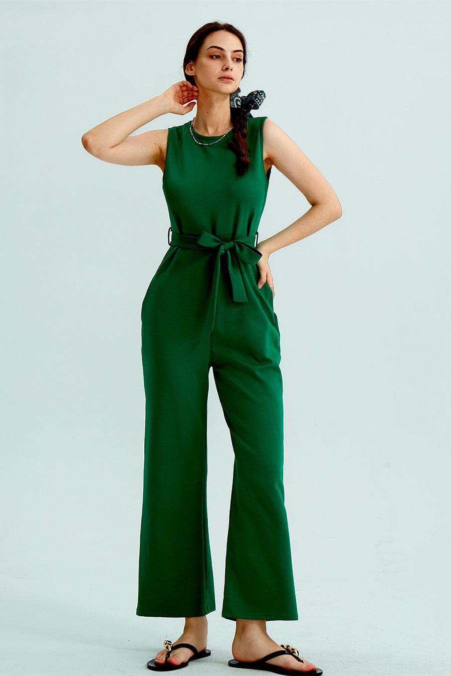 Crew Neck Sleeveless Belted Jumpsuits - Cherfly