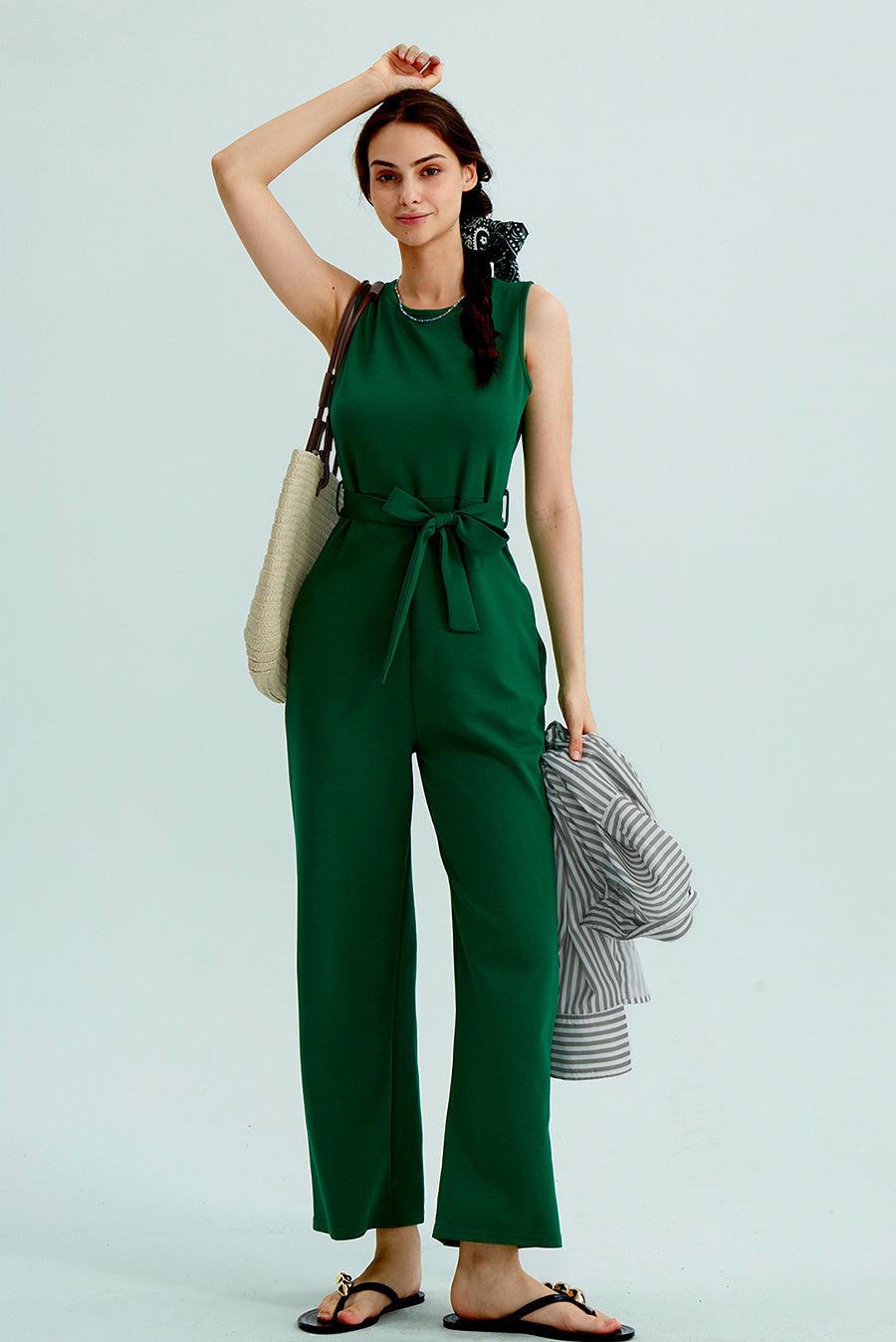 Crew Neck Sleeveless Belted Jumpsuits - Cherfly