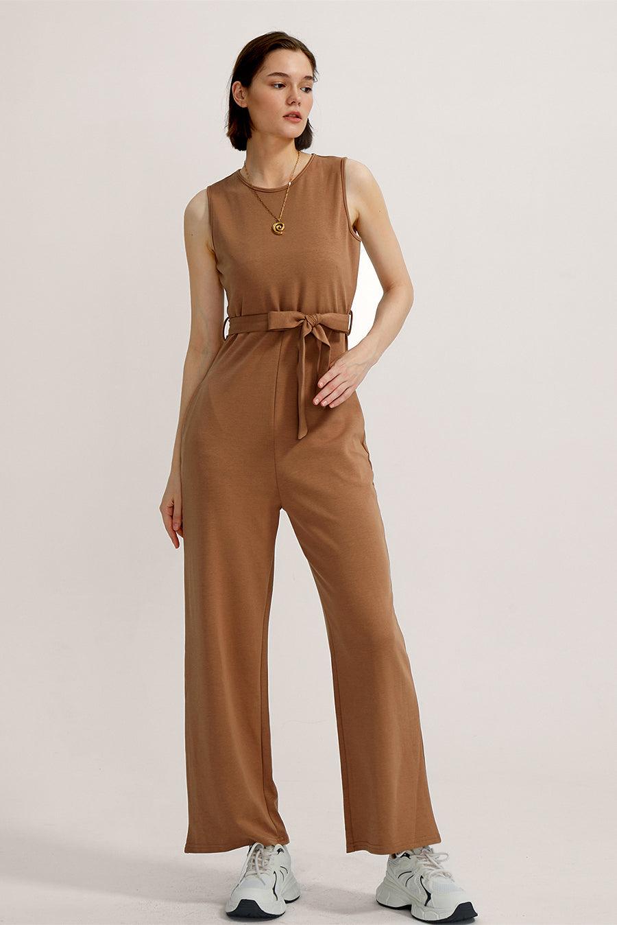 Crew Neck Sleeveless Belted Jumpsuits - Cherfly