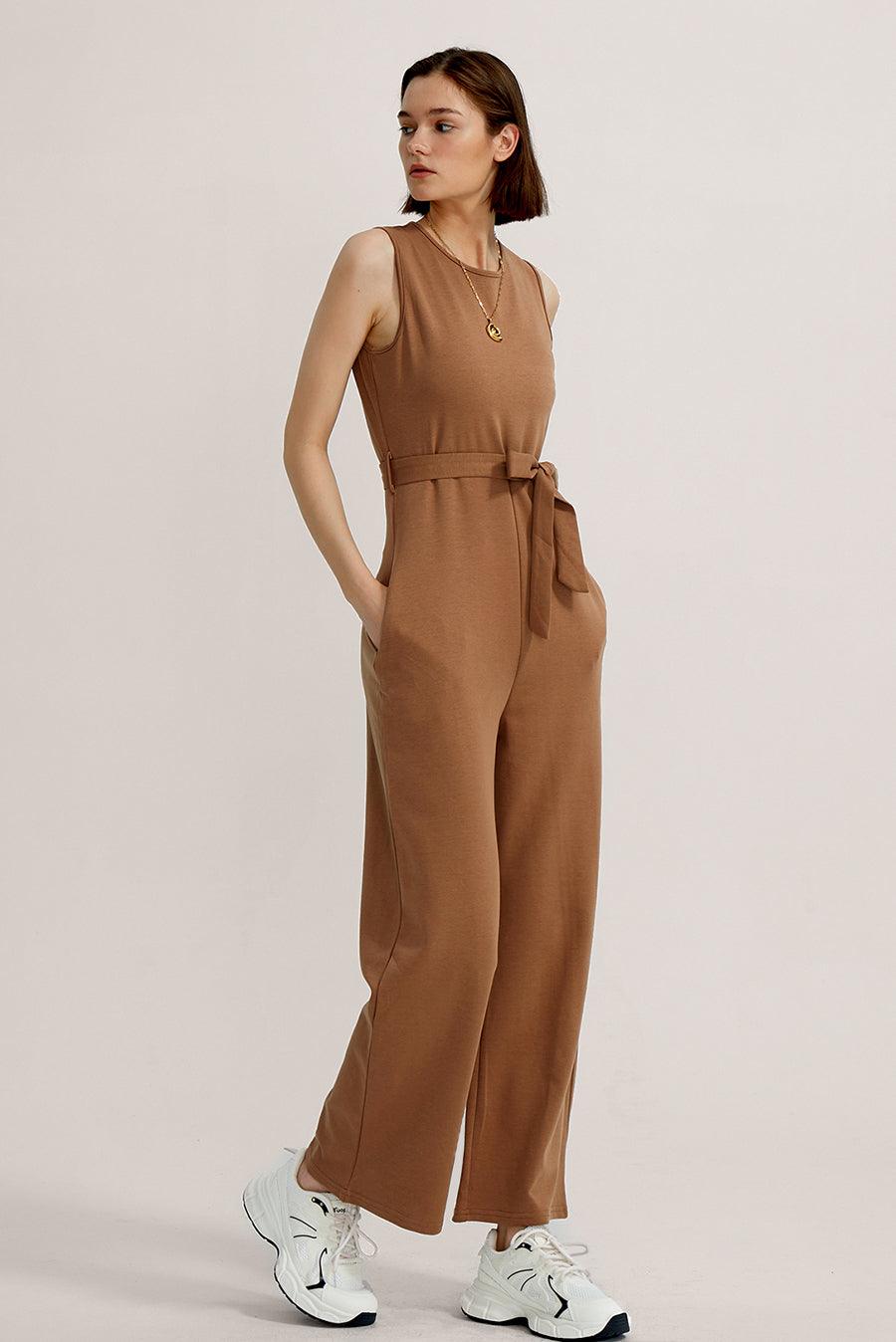 Crew Neck Sleeveless Belted Jumpsuits - Cherfly