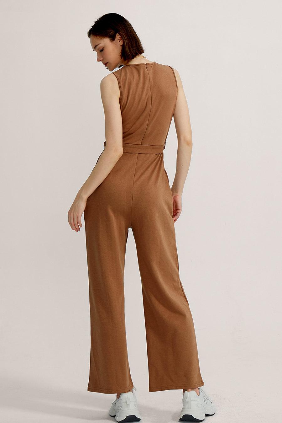 Crew Neck Sleeveless Belted Jumpsuits - Cherfly