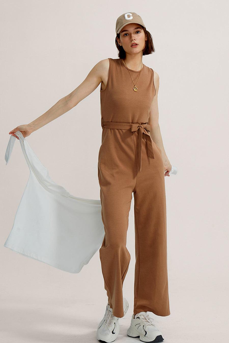 Crew Neck Sleeveless Belted Jumpsuits - Cherfly