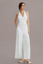 V-Neck Halter Side-Slit Pants Jumpsuits - Cherfly