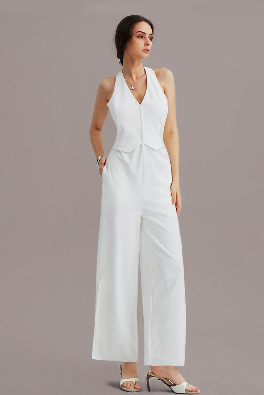 V-Neck Halter Side-Slit Pants Jumpsuits - Cherfly