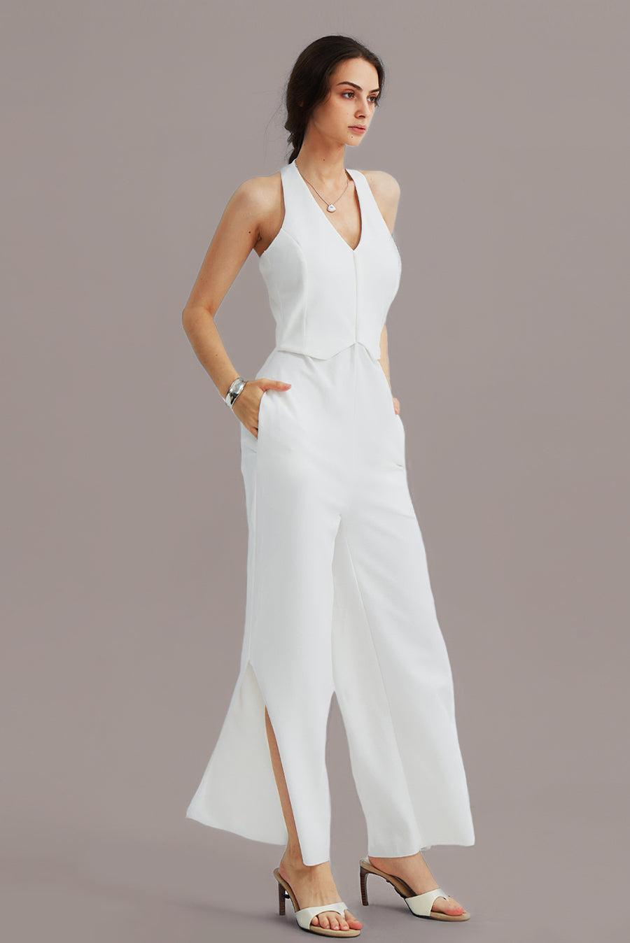 V-Neck Halter Side-Slit Pants Jumpsuits - Cherfly