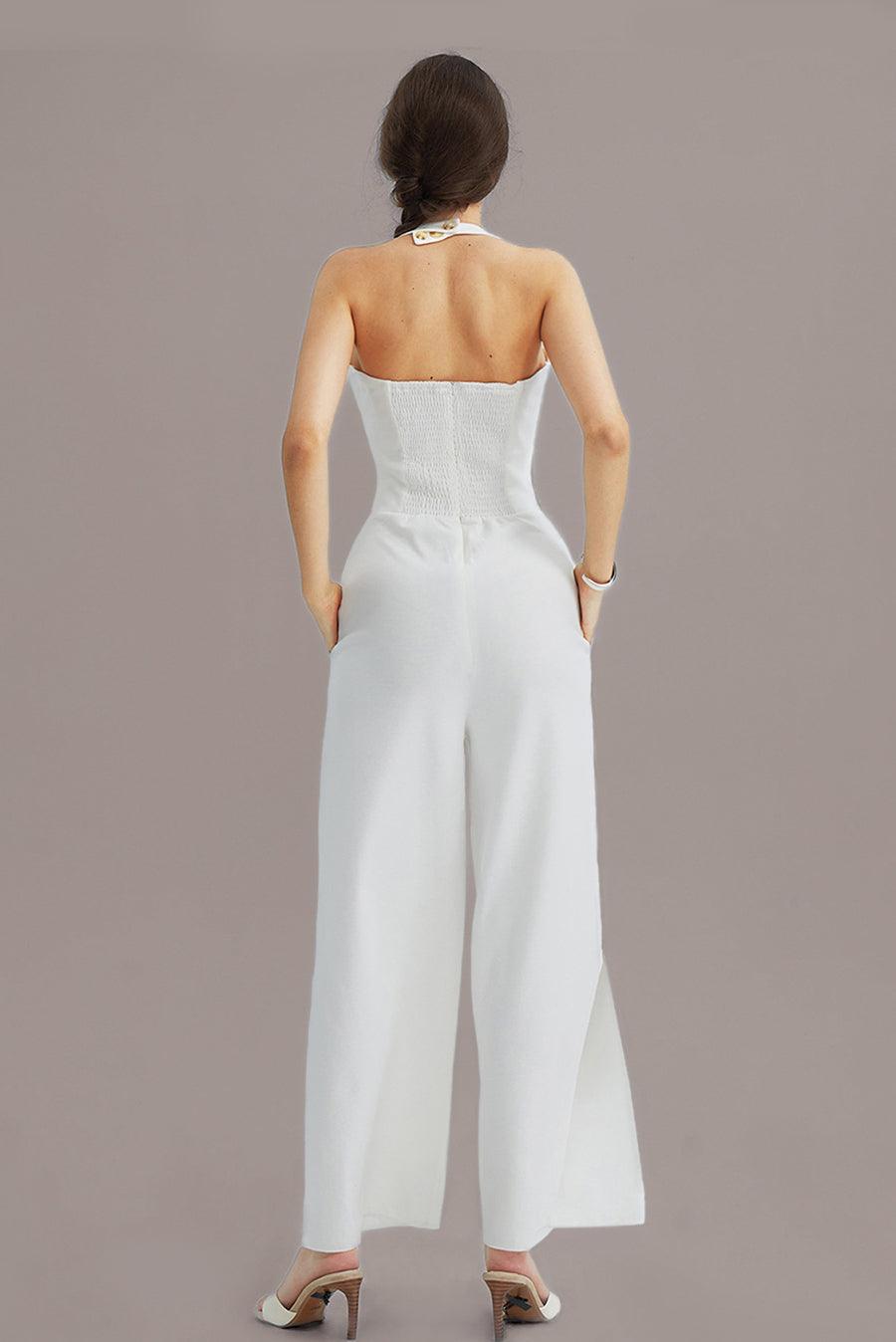 V-Neck Halter Side-Slit Pants Jumpsuits - Cherfly