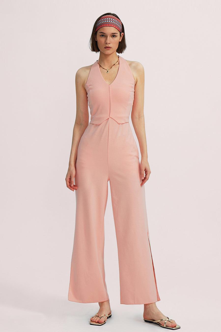 V-Neck Halter Side-Slit Pants Jumpsuits - Cherfly