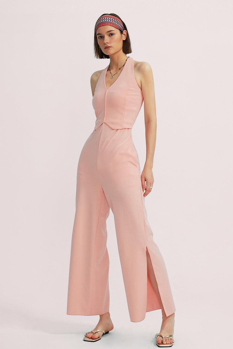 V-Neck Halter Side-Slit Pants Jumpsuits - Cherfly