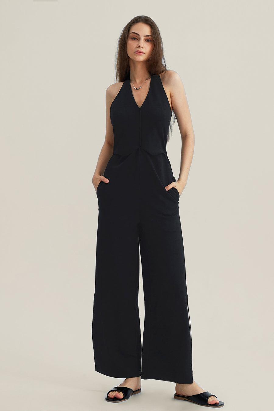 V-Neck Halter Side-Slit Pants Jumpsuits - Cherfly