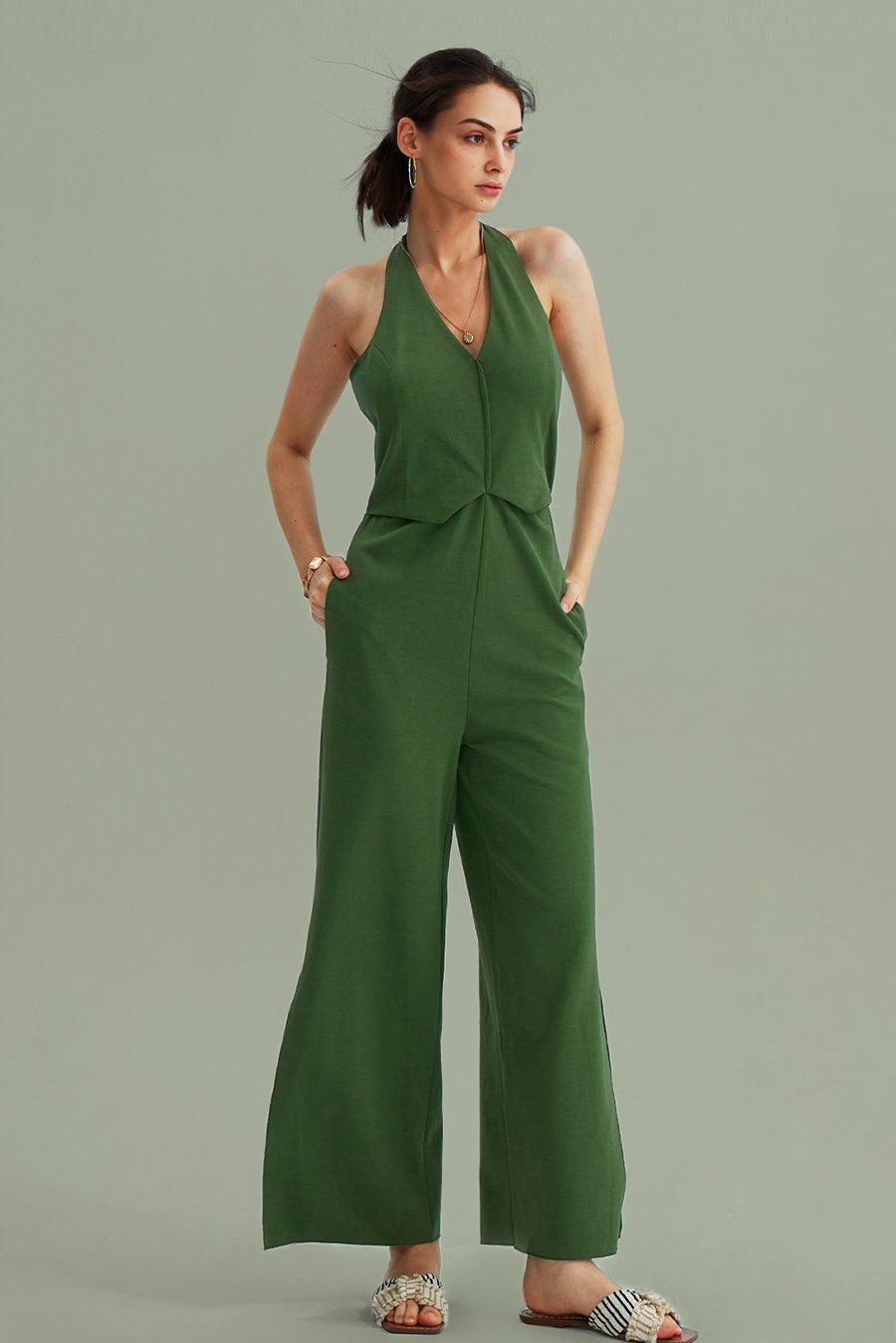 V-Neck Halter Side-Slit Pants Jumpsuits - Cherfly