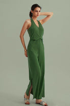 V-Neck Halter Side-Slit Pants Jumpsuits - Cherfly