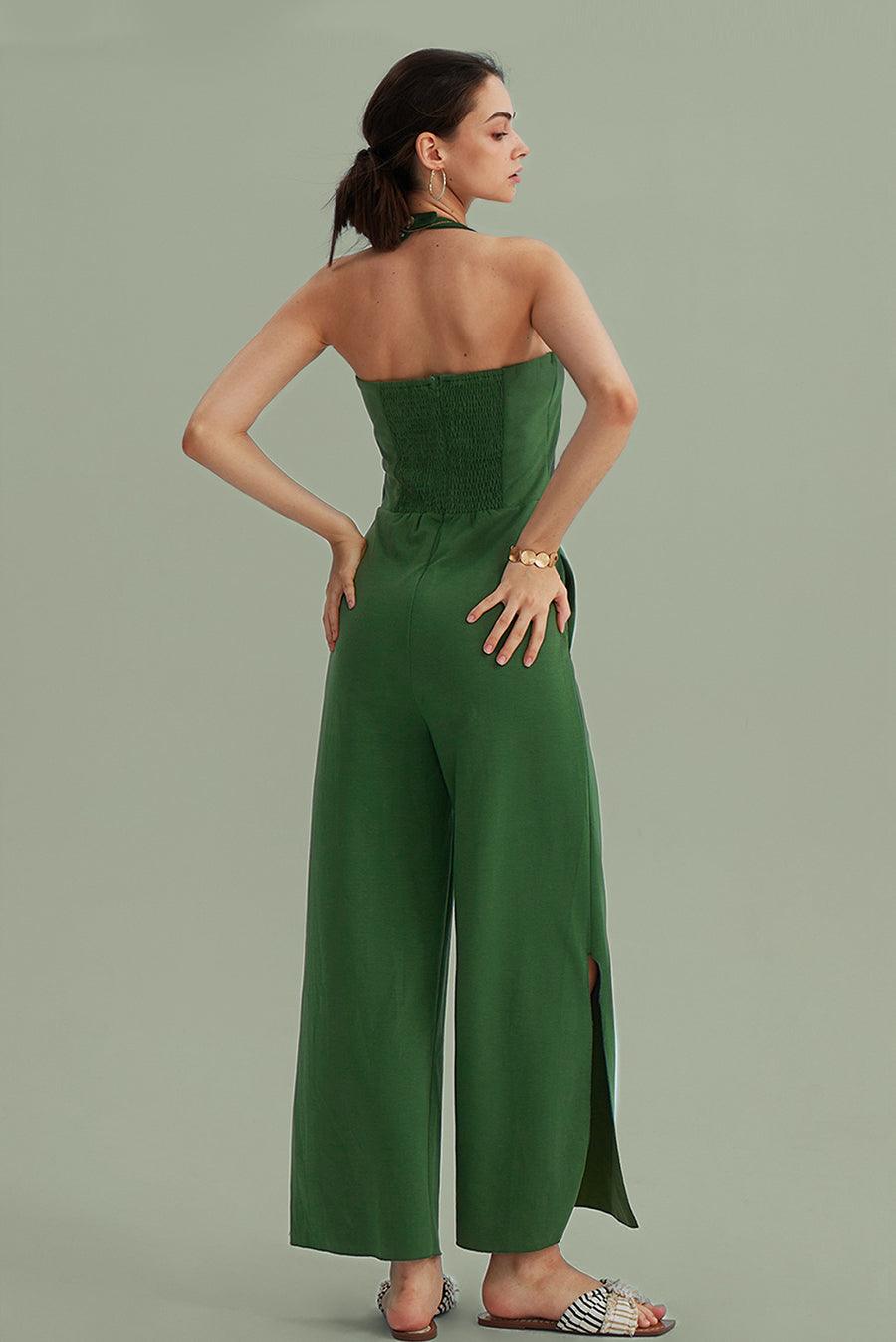 V-Neck Halter Side-Slit Pants Jumpsuits - Cherfly