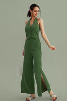 V-Neck Halter Side-Slit Pants Jumpsuits - Cherfly