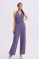 V-Neck Halter Side-Slit Pants Jumpsuits - Cherfly