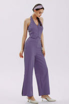 V-Neck Halter Side-Slit Pants Jumpsuits - Cherfly