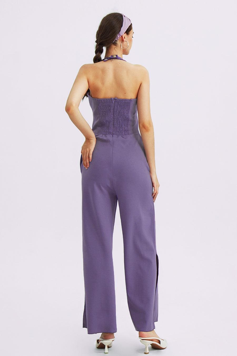 V-Neck Halter Side-Slit Pants Jumpsuits - Cherfly