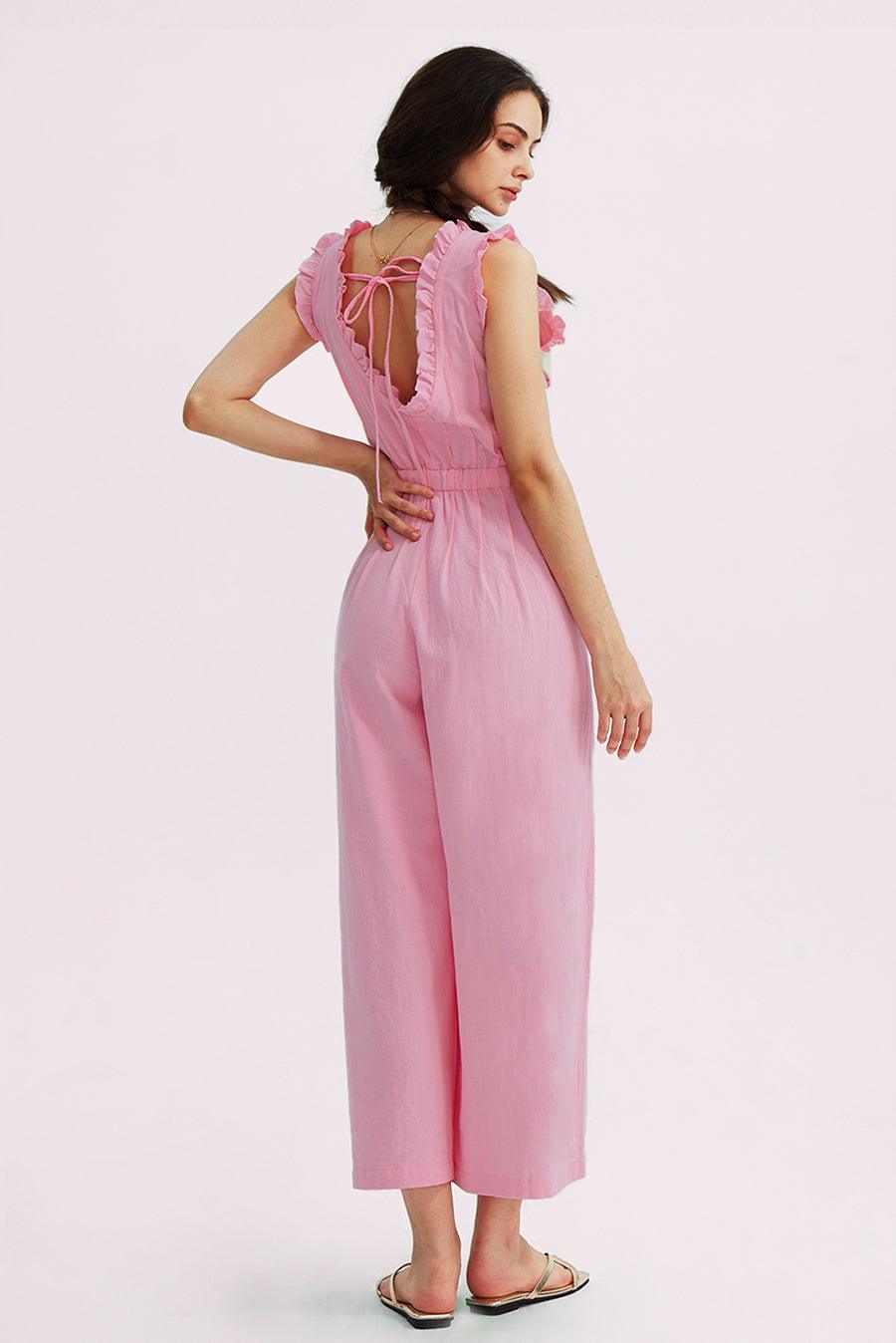 Ruffle Neckline Backstrap Jumpsuits - Cherfly