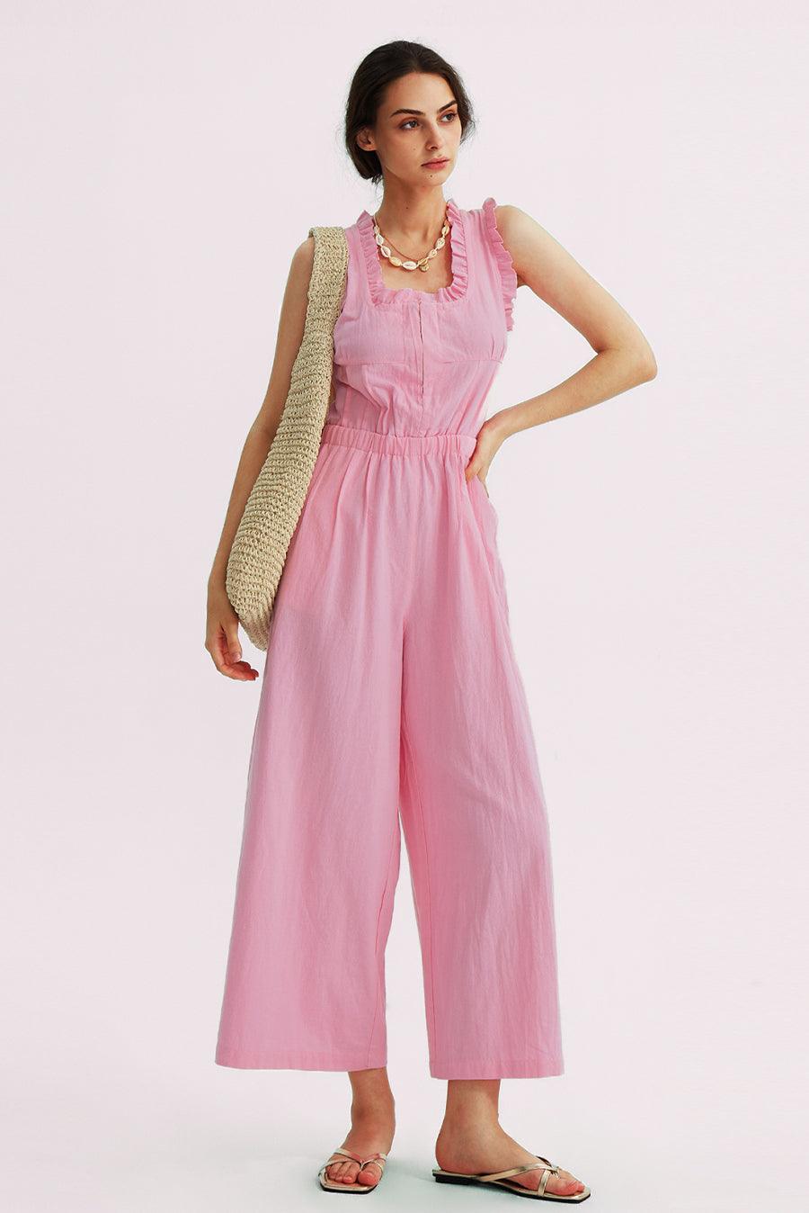 Ruffle Neckline Backstrap Jumpsuits - Cherfly