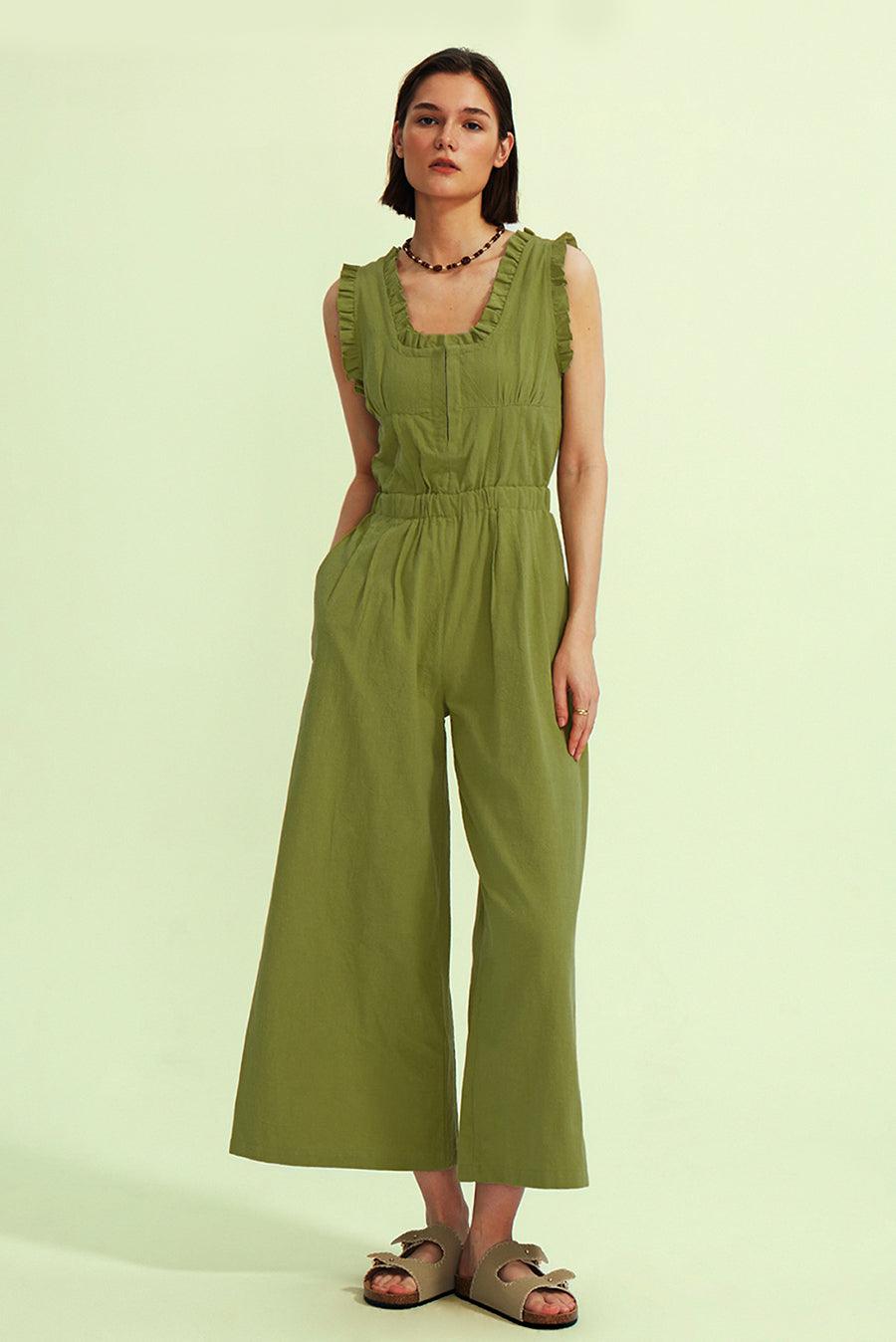 Ruffle Neckline Backstrap Jumpsuits - Cherfly