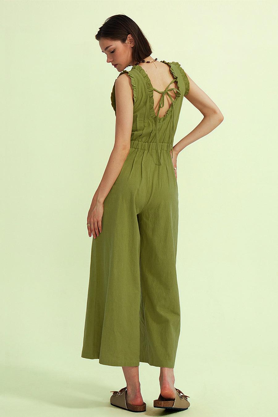 Ruffle Neckline Backstrap Jumpsuits - Cherfly