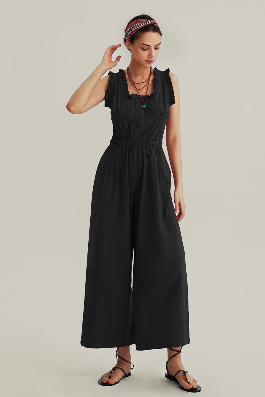 Ruffle Neckline Backstrap Jumpsuits - Cherfly