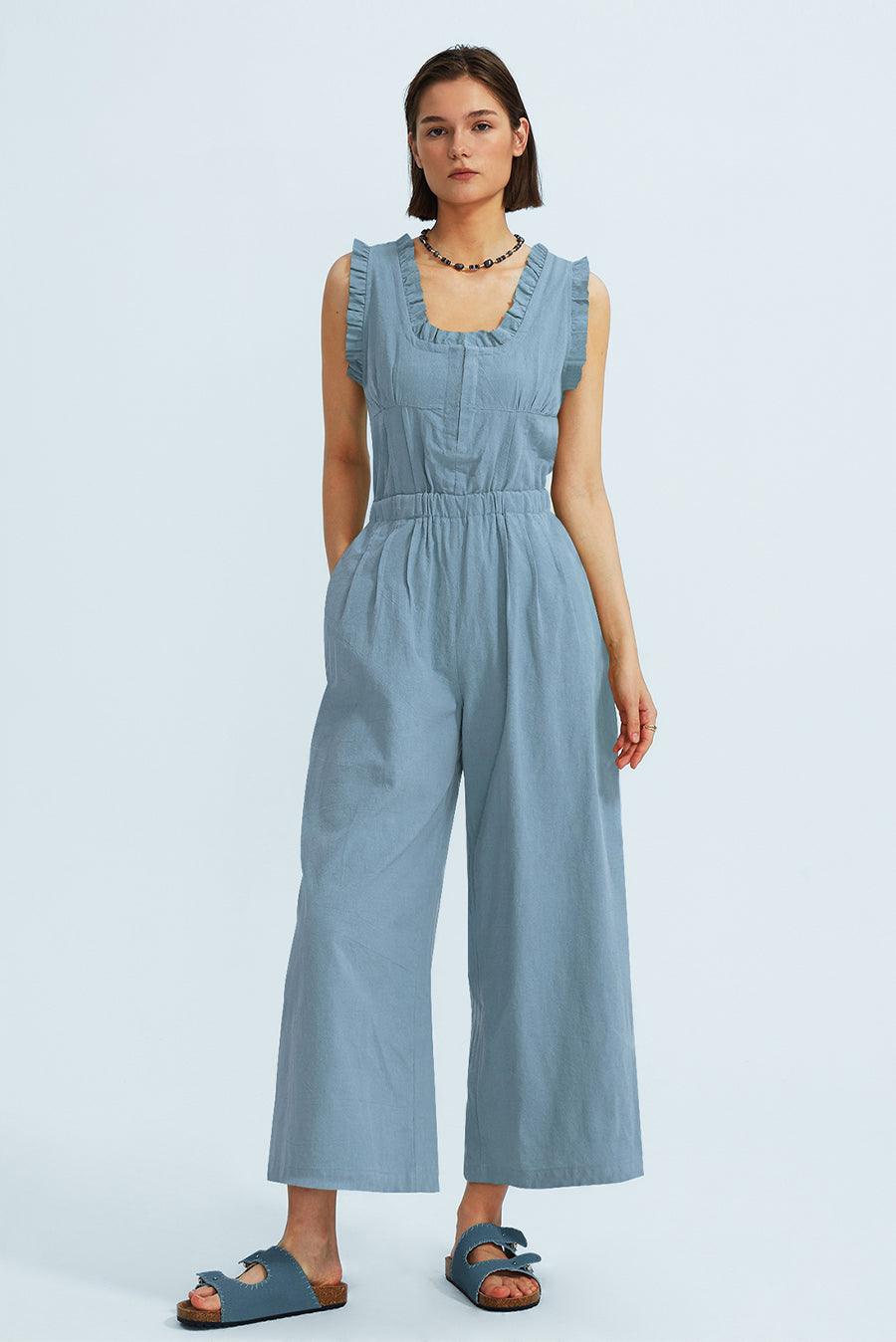 Ruffle Neckline Backstrap Jumpsuits - Cherfly