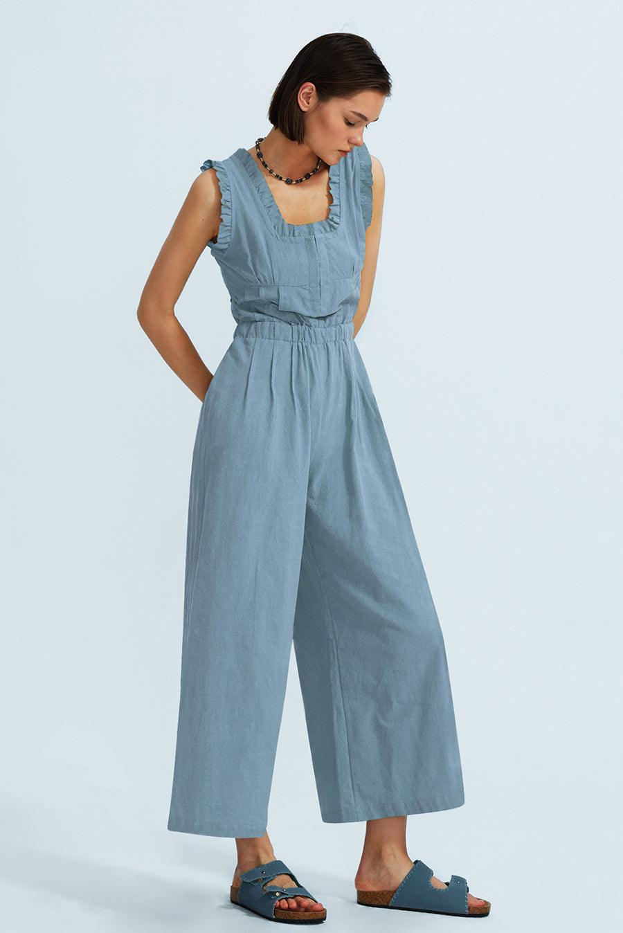 Ruffle Neckline Backstrap Jumpsuits - Cherfly