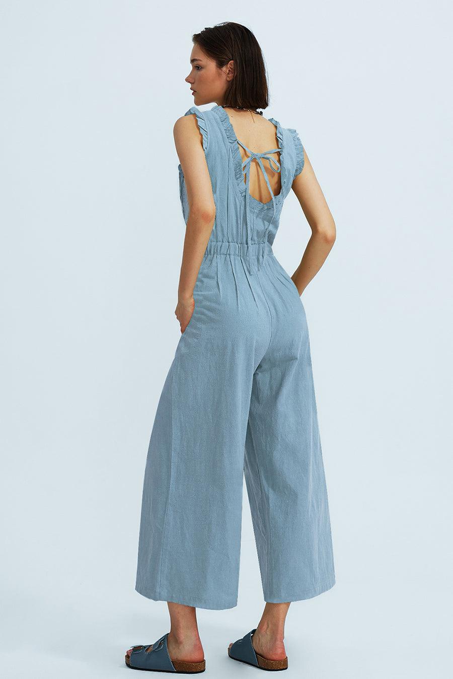 Ruffle Neckline Backstrap Jumpsuits - Cherfly