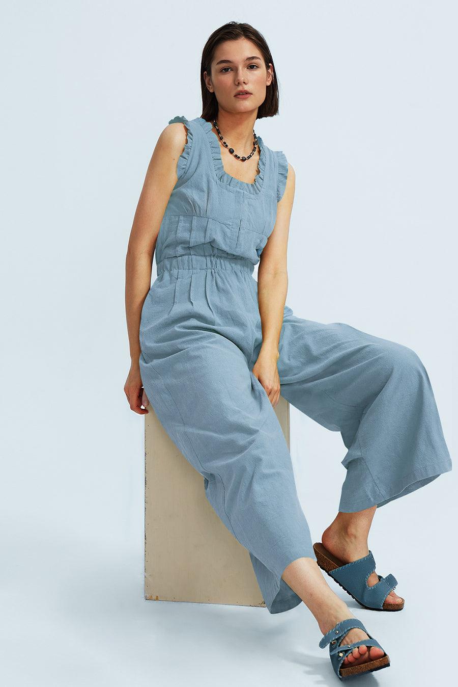 Ruffle Neckline Backstrap Jumpsuits - Cherfly