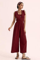 Ruffle Neckline Backstrap Jumpsuits - Cherfly