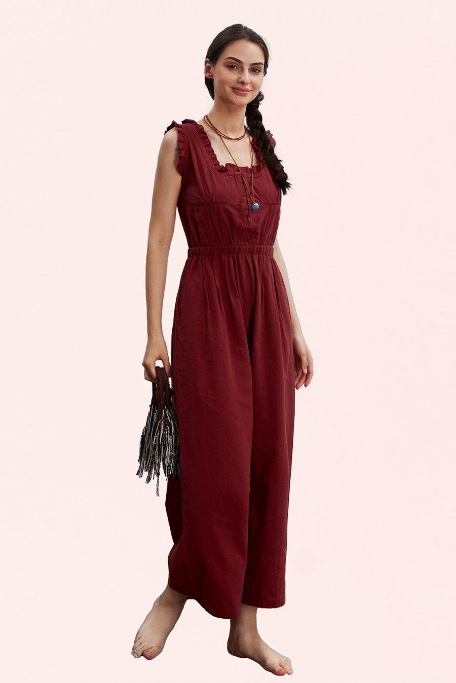 Ruffle Neckline Backstrap Jumpsuits - Cherfly